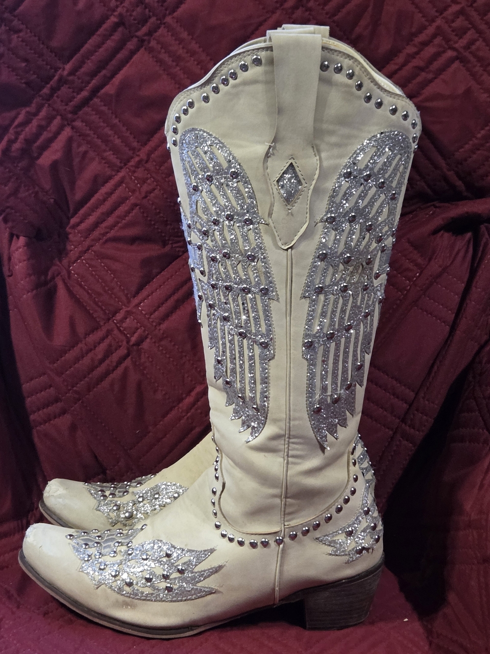 Cowgirl Cream Knee High Western Boots with Silver Wing Accents